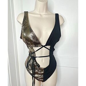 Zaful Snakeskin Cut Out One Piece Swimsuit Gold/Black Size XL/10 Nwt